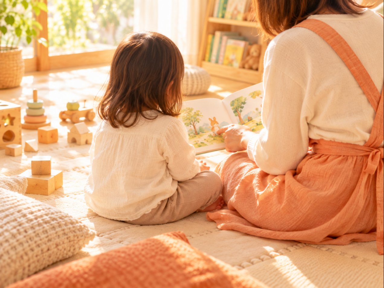 大人が子どもに絵本を読む手元